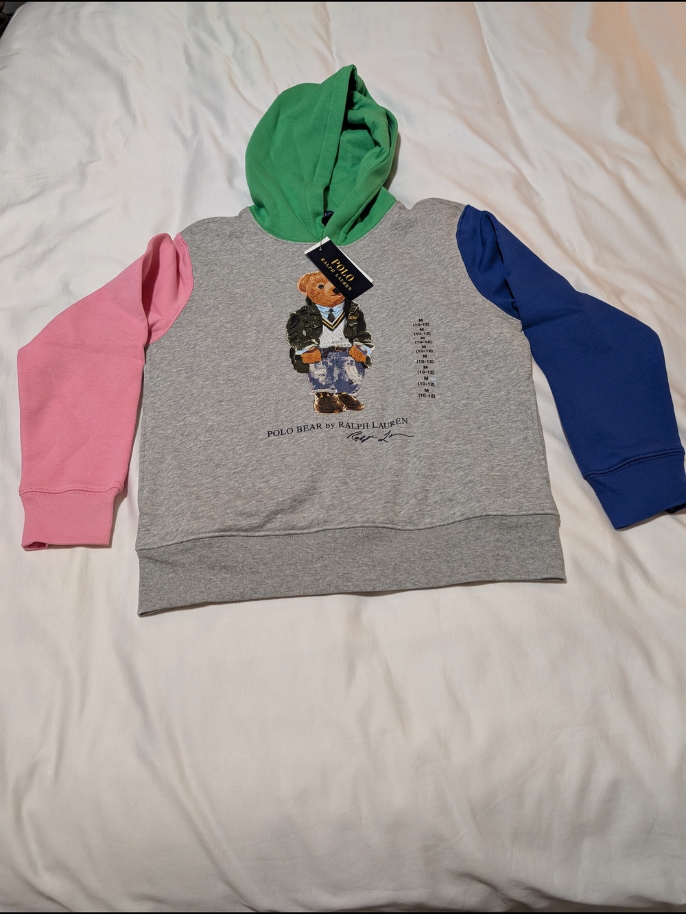 Polo Ralph Lauren Boy's Hoodie - Grey Body with Pink & Blue Sleeves, Green Hood